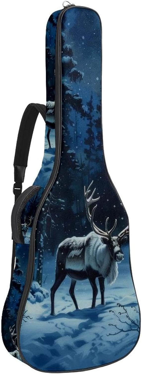 40 41 42 Inch Acoustic Guitar Bag, 0.4 In Thick Sponge Padded Guitar Case Gig Bag with Back Hanger Loop and 2 Pockets, Snow Caribou Tree Forest Night
