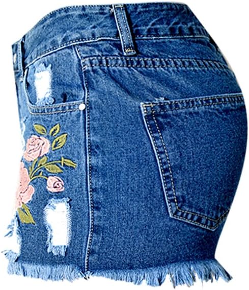 Dreamskull Womens High Waist Frayed Hem Peony Embroidered Denim Shorts