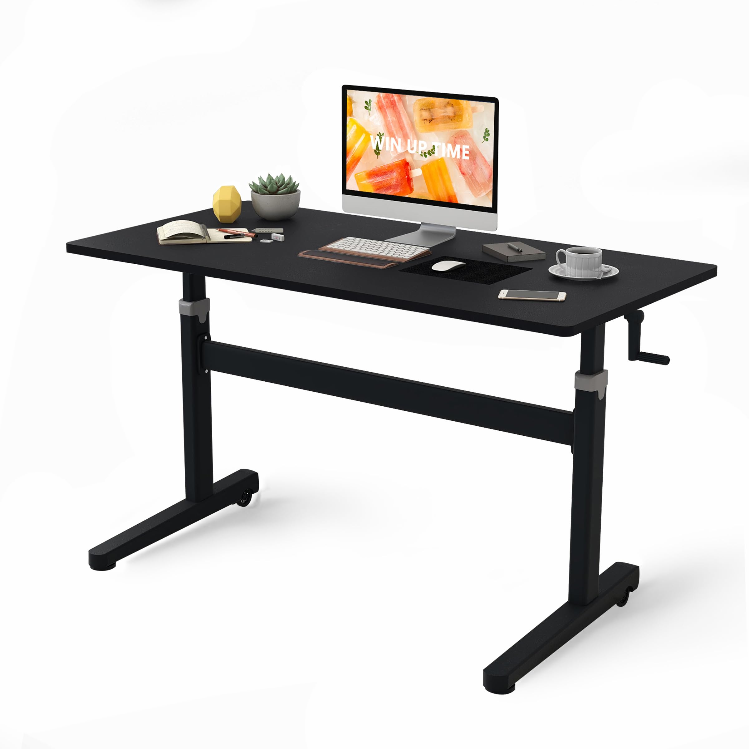 Manual Standing Desk Height Adjustable - Portable Sit to Stand Home Office Desks - Non-Electric Rising Table with Hand Crank and Rolling Wheels - 55 Inch Black Whole Piece Wood Desktop