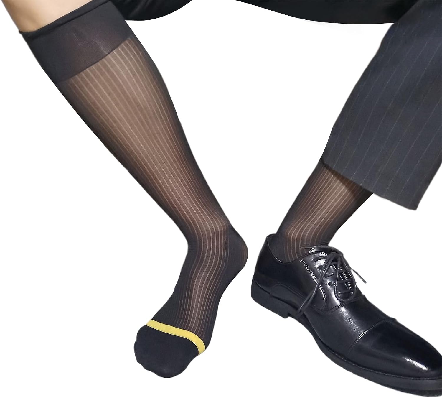 Thin Silk Formal Dress Socks See Through Sheer Tube Socks Male Suit Business Dress Striped Long Knee Fashionable