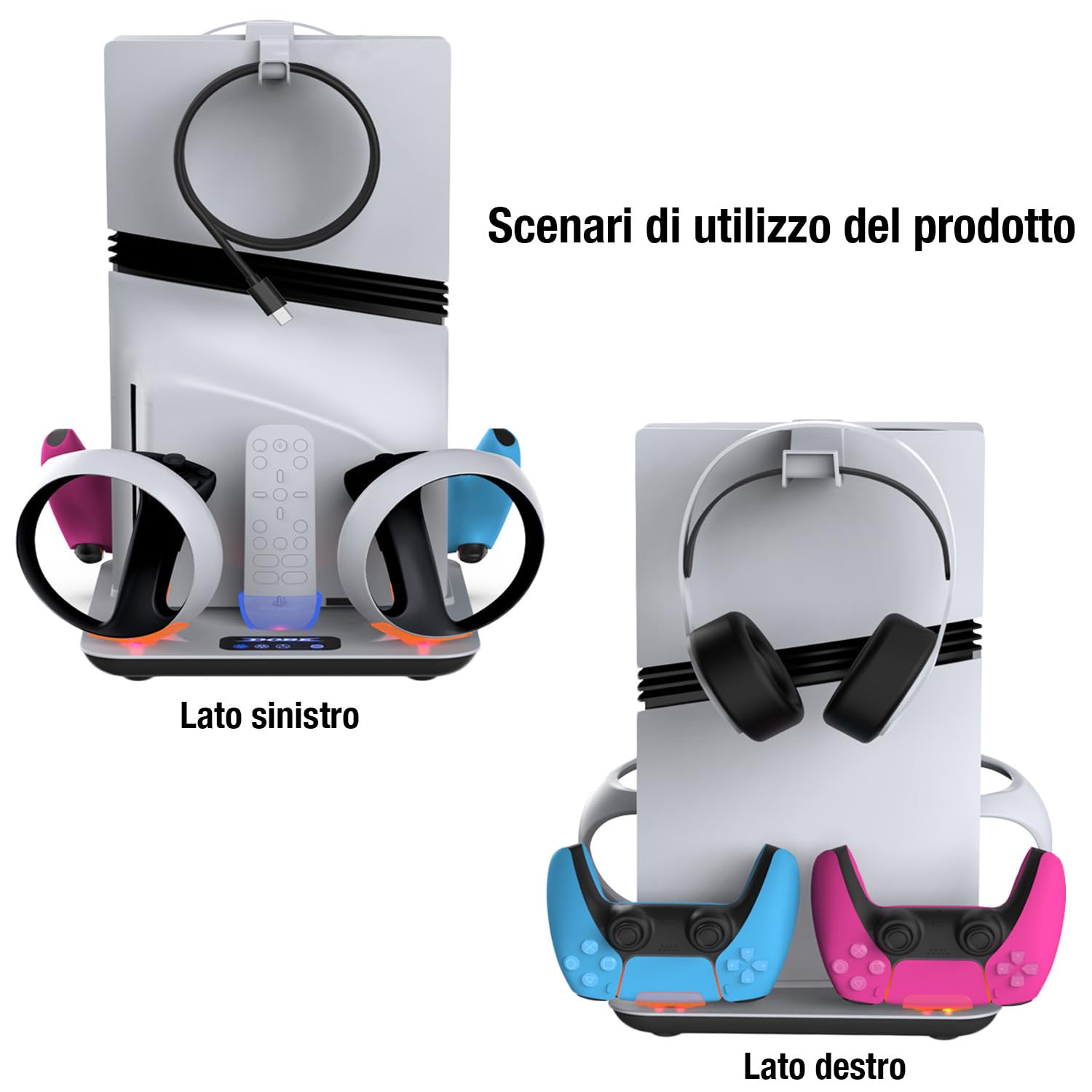 Supporto di Ricarica con Ventola di Raffreddamento per PS5 Pro/PS5 Slim/PS5 Digital/Disc Edition, Dock per Controller PSVR2, con Ricarica Controller, Indicatore LED, Gamepad Joystick Cappucci