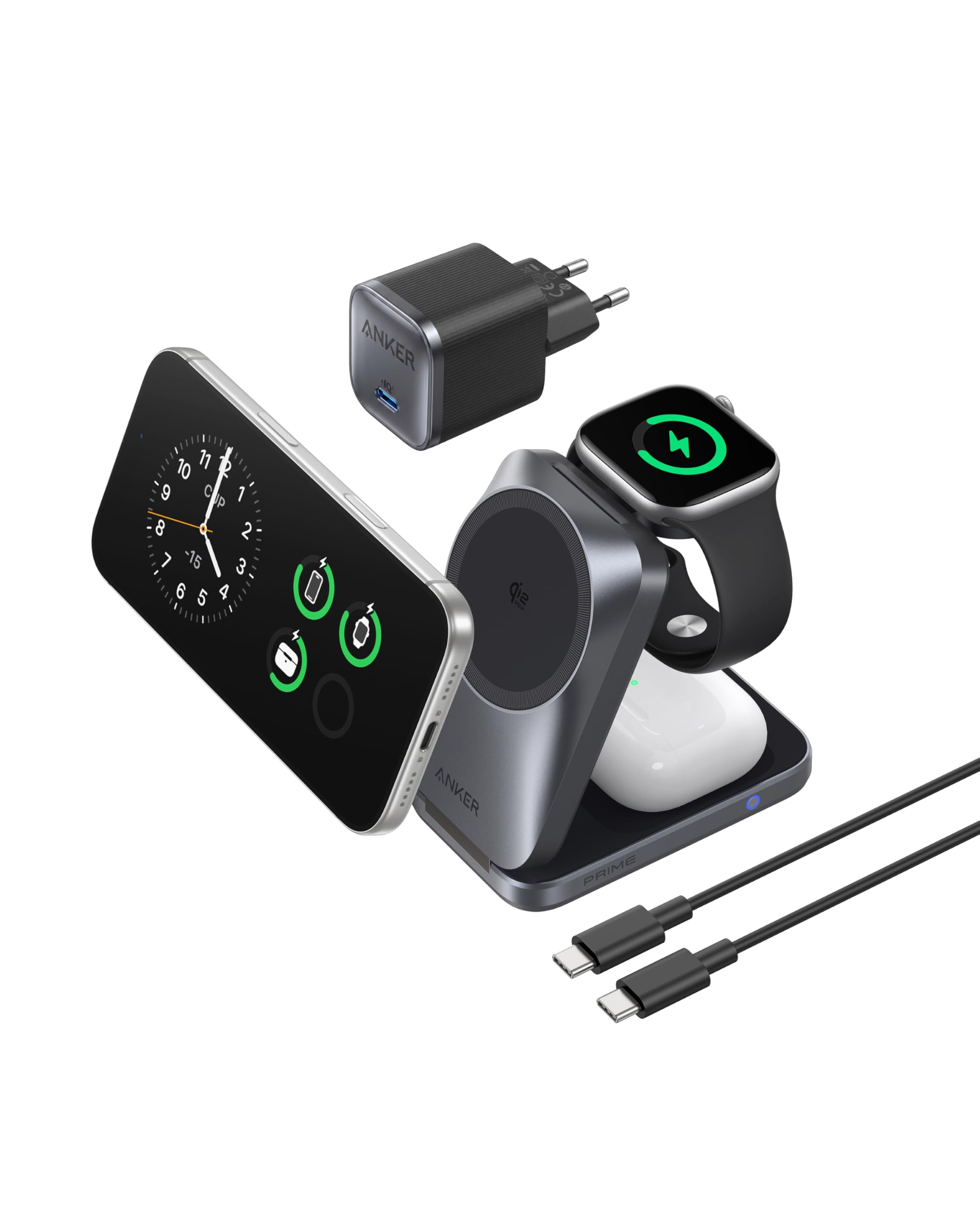 Anker Prime Chargeur MagSafe 3 en 1 Rapide 25W, Station de Charge sans Fil Certifié Qi2.2, Pliable pour iPhone 17/16/15, Apple Watch, AirPods (sans Batterie, Adaptateur Inclus) | Compatible avec MagSafe, chargeur pliable, certifié Qi2.2 de 25 W, pour iPho