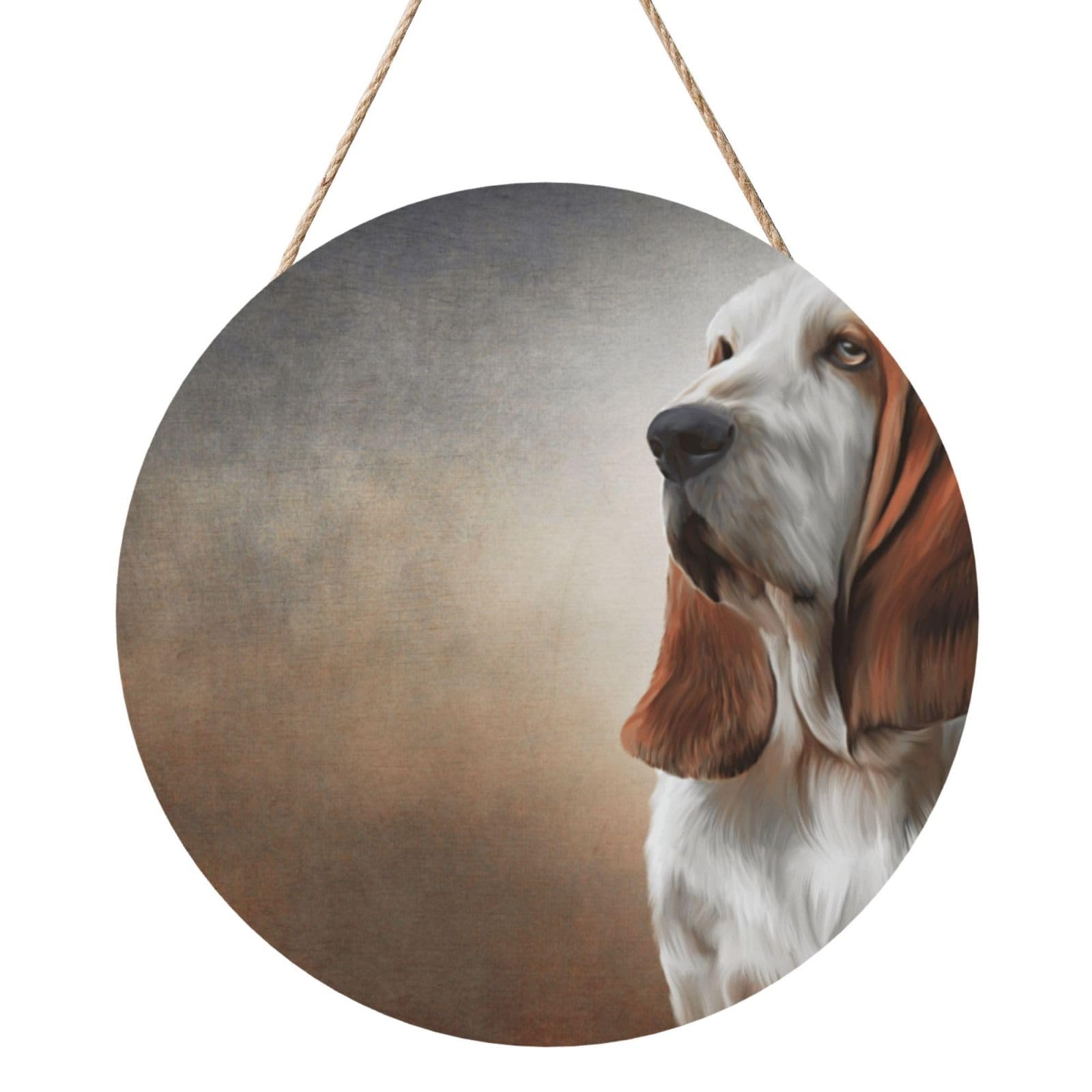 InOmak Dog Basset Hound, Round Wood Panel Painting 12 in, Wall Hanging Painting For Home
