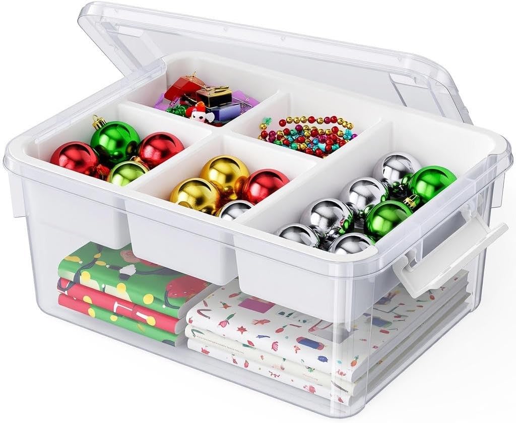 20Qt Plastic Storage Bin with Lid, Clear Latching Organizer Box with Removable Tray, Portable Storage Container, for Holiday Ornaments, Home Organization, 1Pack