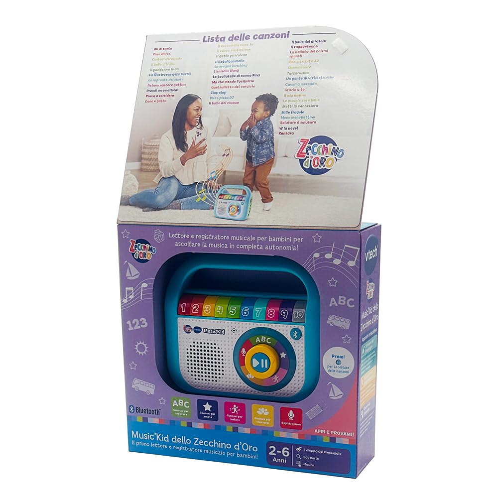 VTech Music'Kid ze złotą szynką, odtwarzacz MP3 dla dzieci z 40 oryginalnymi piosenkami ze złotego kleika, tryb nagrywania, odtwarzacz Bluetooth dla dzieci, język włoski, baterie w zestawie, 2-6 lat