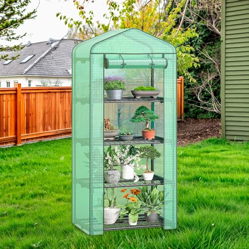 HOMGARDEN 4-Tier Mini Greenhouse Portable Plant Flower Shelf Tent w/PE Cover Roll-Up Zipper Door for Lawn Patio Garden Indoor Outdoors