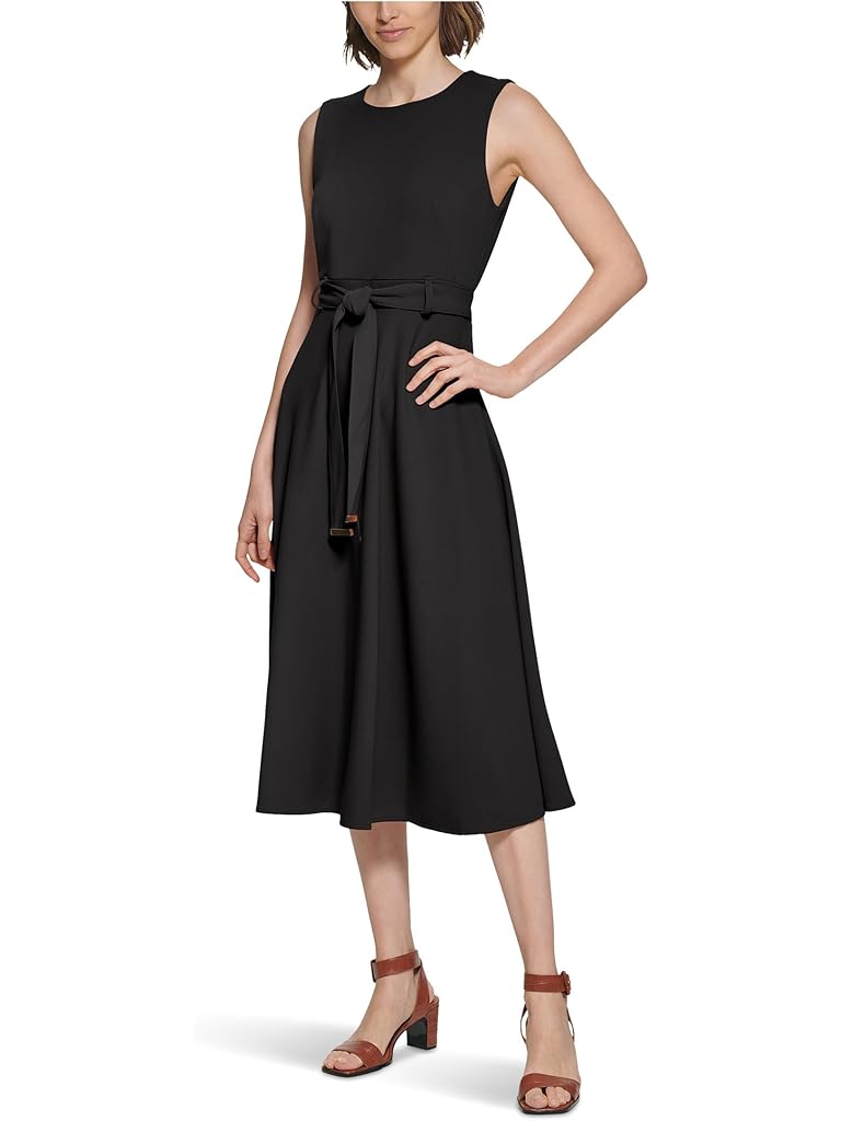Black Calvin Klein Sleeveless Scuba Crepe Self Tie Aline