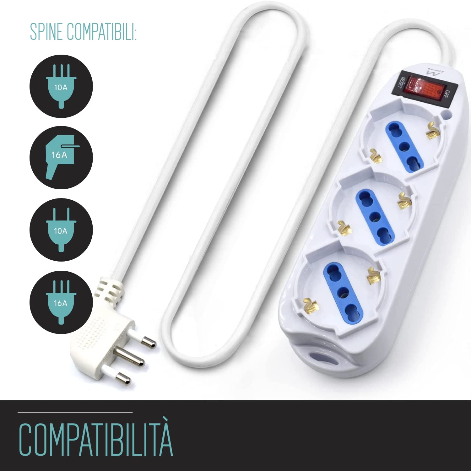 Multipresa a 3 Posti, Ciabatta Elettrica con 3 Prese Schuko/Tedesche e Italiane 10A/16A - Spina Italiana 10A - Potenza 250V/2500W - Cavo da 1,5 Metri, Prese Angolate a 45°