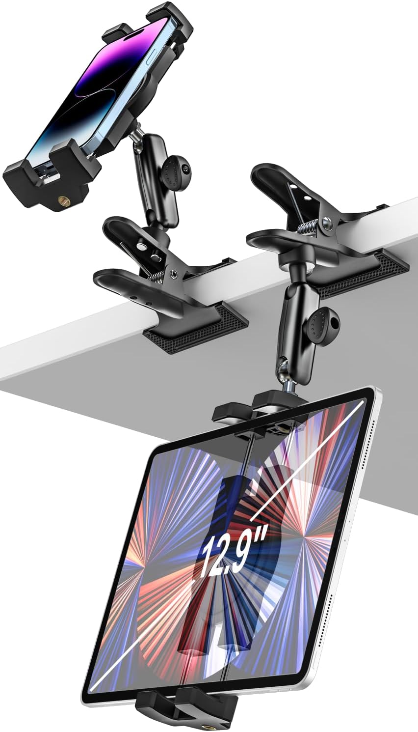 woleyi Kitchen Under Cabinet Tablet Holder - [Metal Clamp Arm] Tablet Mount for Counter, Portable Desktop Tablet Stand Clip, for 4.7-13" Devices, iPad Pro, Air, Mini, iPhone, Galaxy, Fire, Switch