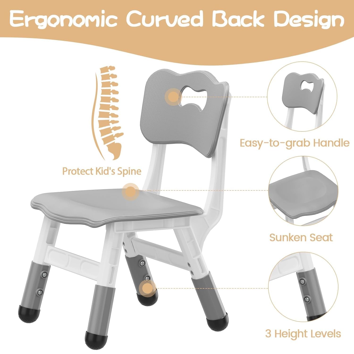 2-Pack Height-Adjustable Kids Plastic Chairs – Ergonomic Backrest, Non-Slip Feet,Durable, 82Kg Weight Capacity – for Home, Kindergarten, Classroom & Activities