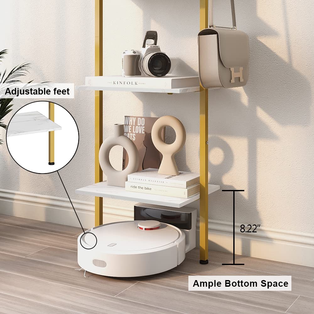 Tohomeor Modern Bookshelf Wall Mounted 5-Tiers Ladder Shelf Gold and White Wooden Bookcase Narrow Thin Bookshelf Open Display Storage Rack for Living Room Bedroom Home Office