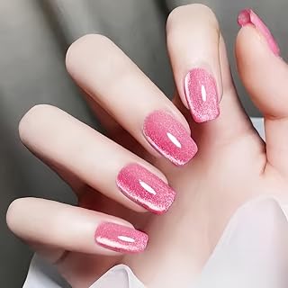 Cat Eye Press on Nails Medium Square Glitter Glossy Fake Nails | Pink Translucent Nails Press ons Solid Color Acrylic Reusable False Nails for Women 24 Pcs