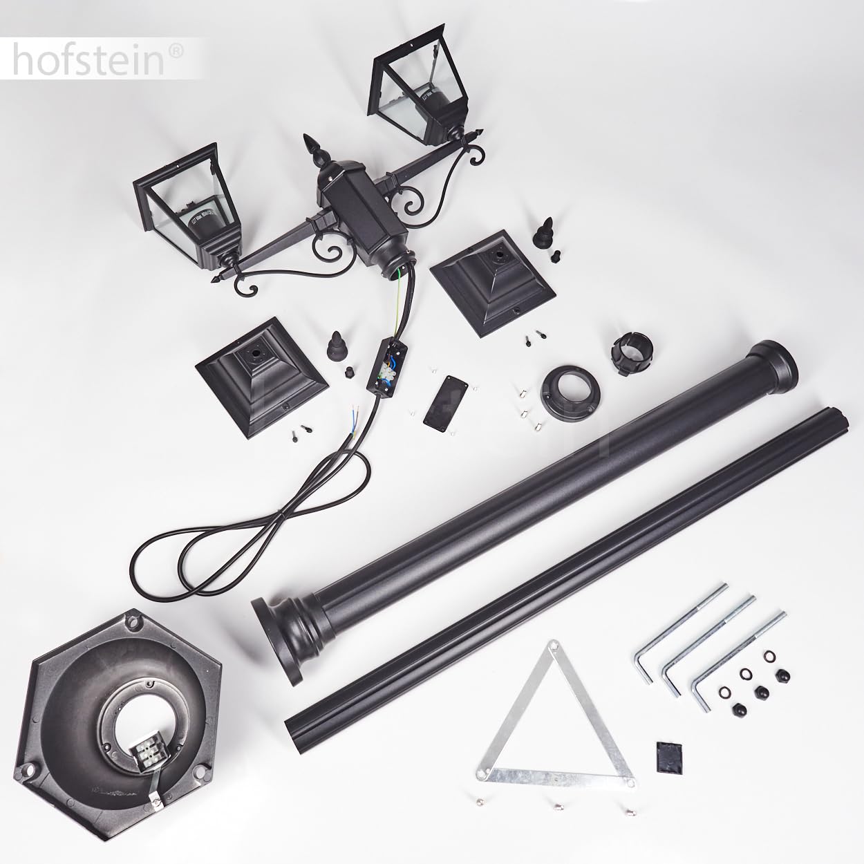 Lampa zewnętrzna drogi Hong Kong, lampa ścieżki z metalu/szkła w kolorze czarnym/przezroczystym, kandelabr o antycznym wyglądzie, wysokość maks. 220 cm, oświetlenie ogrodowe IP44, 2 x E27, bez żarówki
