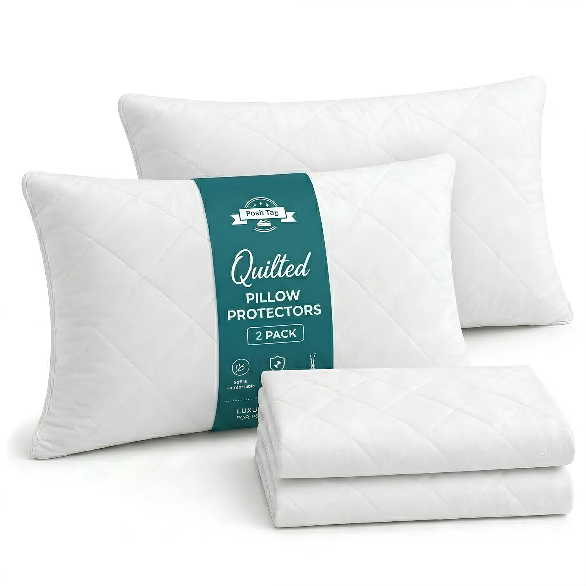 Posh Tag Quilted Zipped Pillow Protector Pack of 2 - 50cm x 75cm Soft and Comfortable Microfiber Pillow Protectors 2 packs - Anti-Allergy and Breathable Pillow Cover