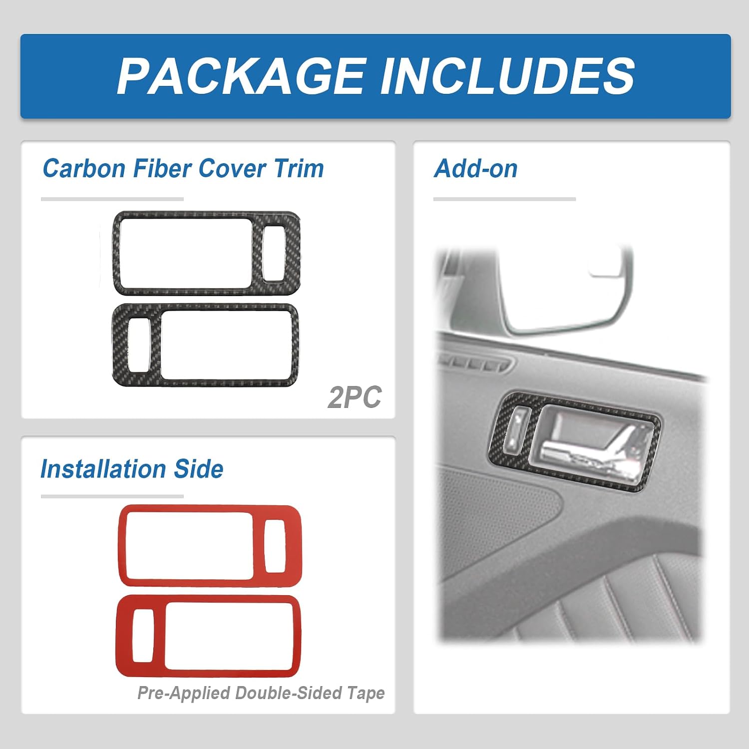 Real Carbon Fiber Inner Door Handle Panel Trim Compatible with 2010-2014 5th Gen Ford Mustang, Interior Decal Sticker Accessories