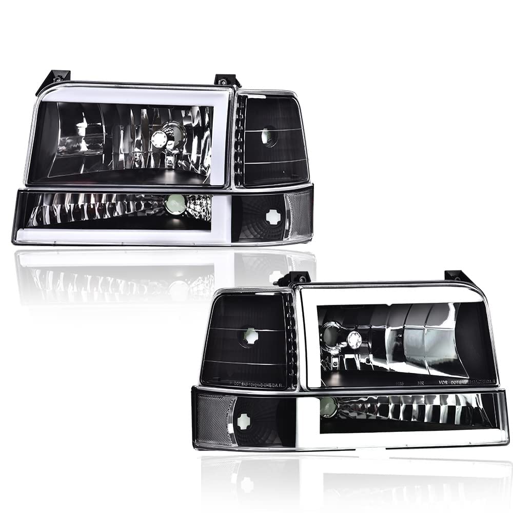 GRAND ORANGE LED DRL Headlights Assembly, Compatible with 1992-1996 Ford Bronco F150/ 92-97 F250 F350 Super Duty w/Corner Signal 6pc Clear lens Black Housing Clear Reflector