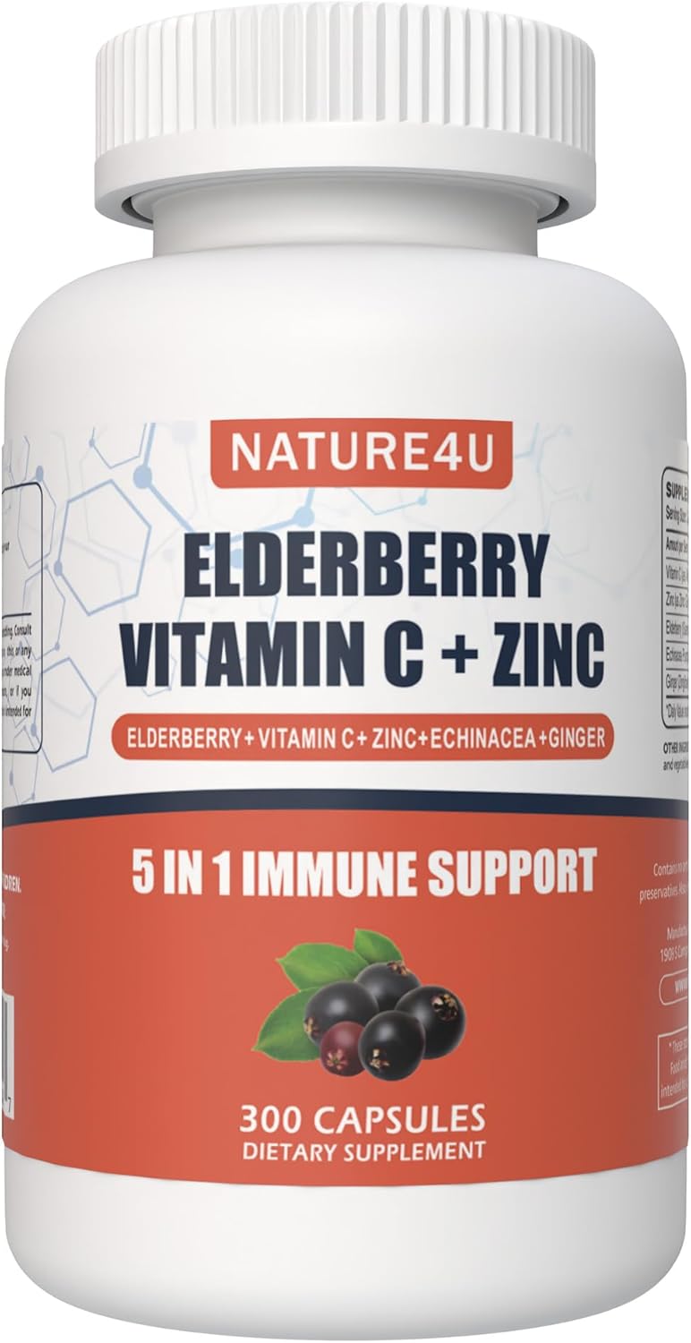 5 in 1 Elderberry Immune Support Supplement, Daily Immune Boosters for Adults Antioxidants Supplement, Elderberry 1000 mg, Vitamin C, Zinc, Echinacea, Ginger, 300 Vegan Capsules – 5 Month 5 in 1 Elderberry Immune Support Supplement, Daily Immune Boosters for Adults Antioxidants Supplement, Elderberry 1000 mg, Vitamin C, Zinc, Echinacea, Ginger, 300 Vegan Capsules – 5 Month