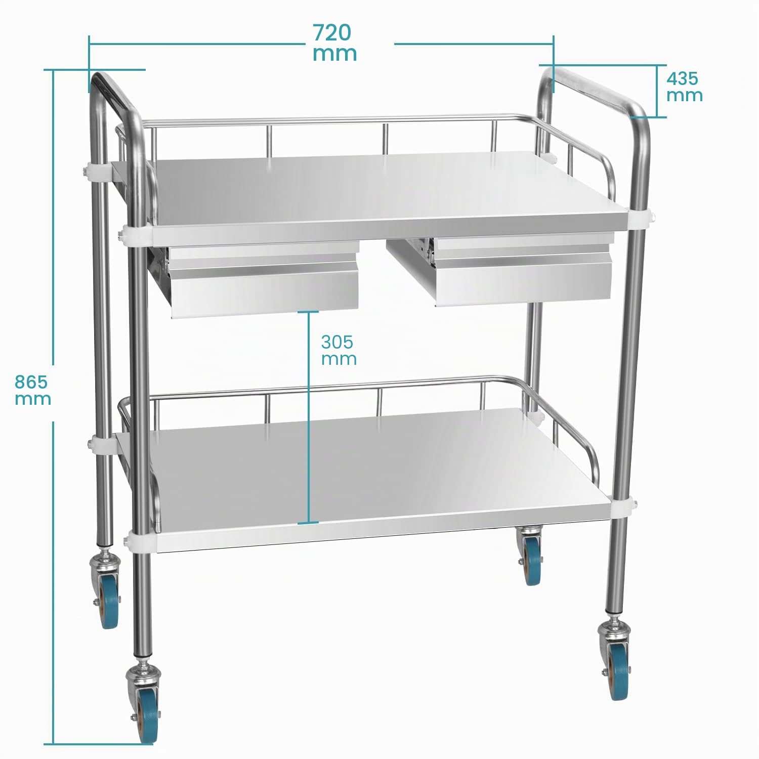 stonylab Chariot Utilitaire de Laboratoire, Chariot à 2 Niveaux en Acier Inoxydable avec Doubles Tiroirs et 2 roulettes Verrouillables