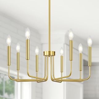 Yunnix 8 Light Gold Chandelier, Farmhouse Chandelier for Dining Room Light Fixture Hanging, UL Listed Industrial Modern Chandelier for Bedroom, Foyer, Kitchen, Living Room, No Assembly Required