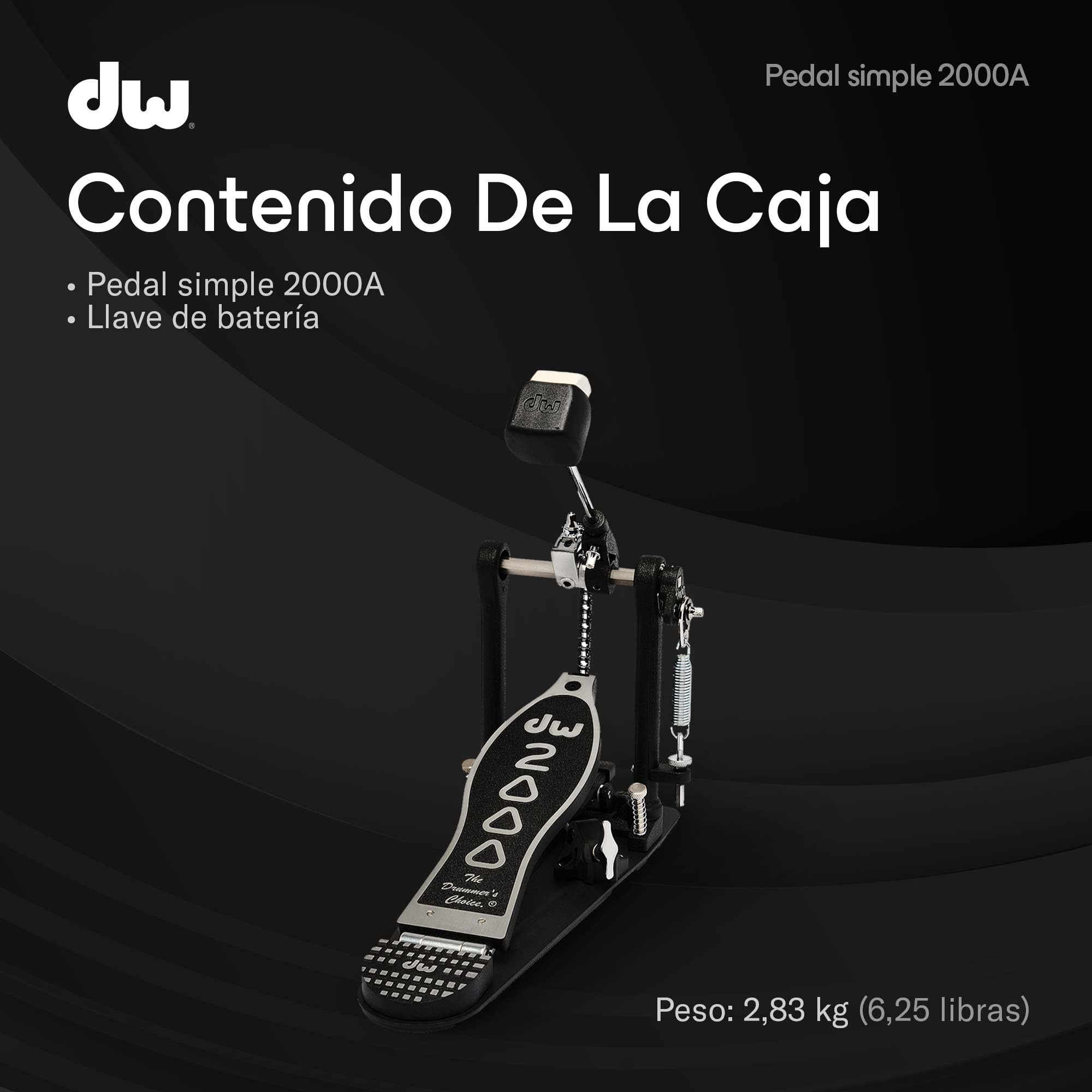 DW 2000A | Pedal de bombo simple serie 2000 | Perfecto para baterías de cualquier nivel | Robusta estructura íntegra de metal con sistema de transmisión Accelerator de cadena simple