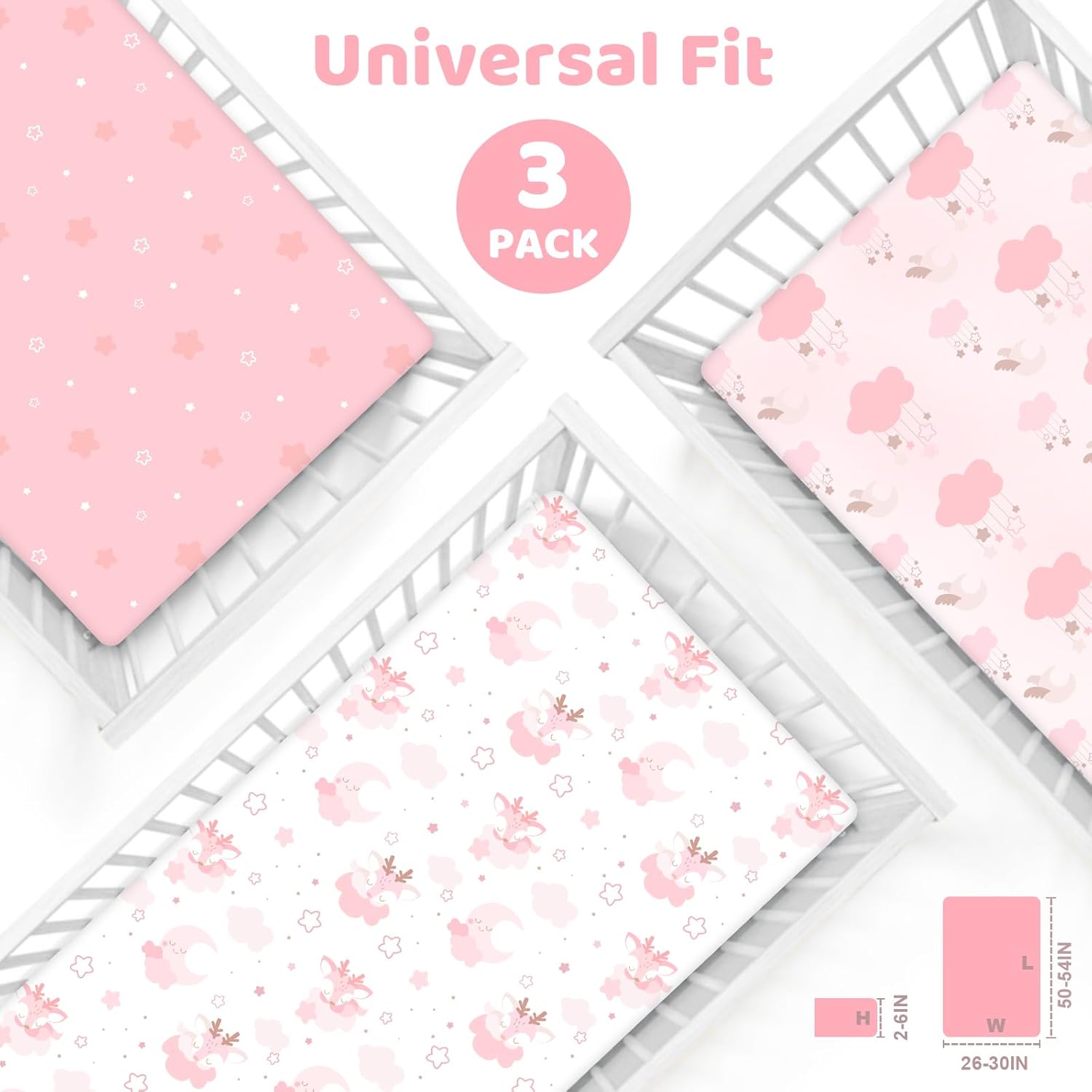 3-Pack Baby Fitted Crib Sheets for Girls，Standard Crib and Toddler Mattress，Soft Breathable Microfiber Jersey Knit Crib Bed Sheets