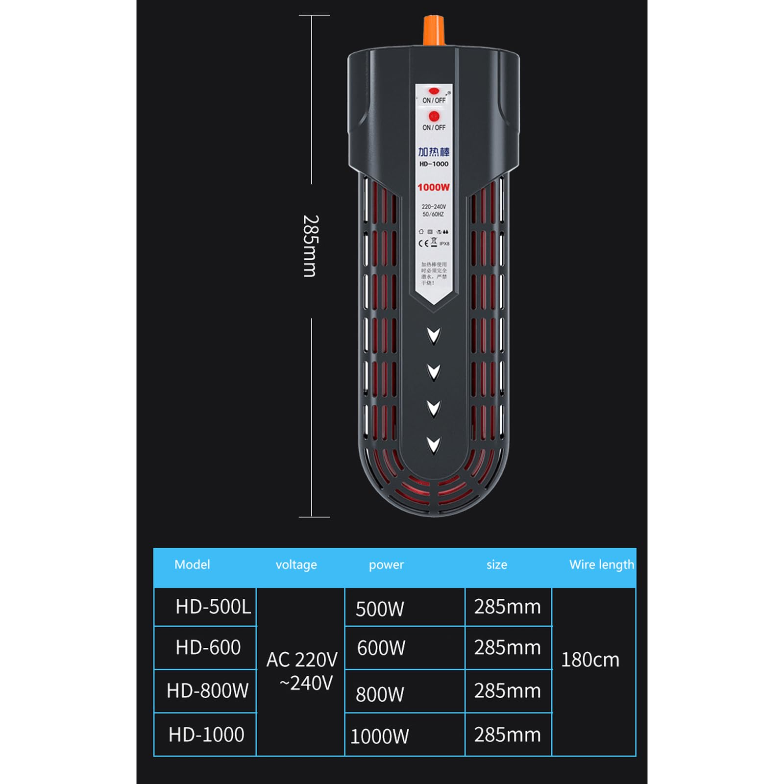 Asta di Riscaldamento Serbatoio di Pesce A Risparmio Energetico Ad Alta Potenza con Termostato Automatico A Ventosa,1000W