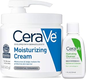 CeraVe Crema Humectante y Limpiador Facial Hidratante para Piel Seca | Paquete de Esenciales de Viaje con Limpiador de 1oz y Crema de 16oz con Bomba para Alivio de la Piel Seca