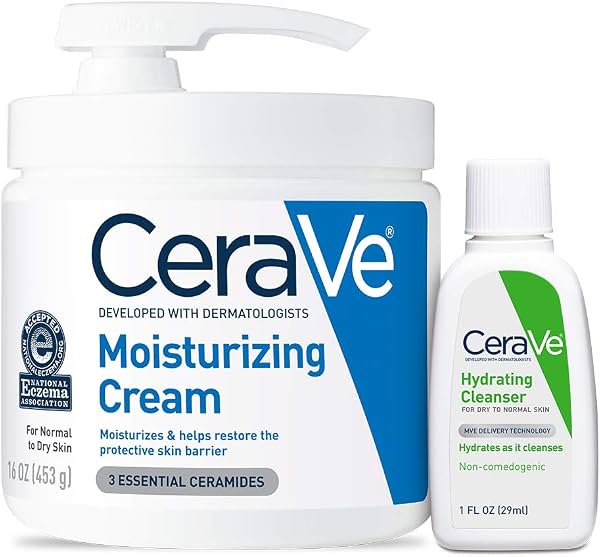 CeraVe Crema Humectante y Limpiador Facial Hidratante para Piel Seca | Paquete de Esenciales de Viaje con Limpiador de 1oz y Crema de 16oz con Bomba para Alivio de la Piel Seca