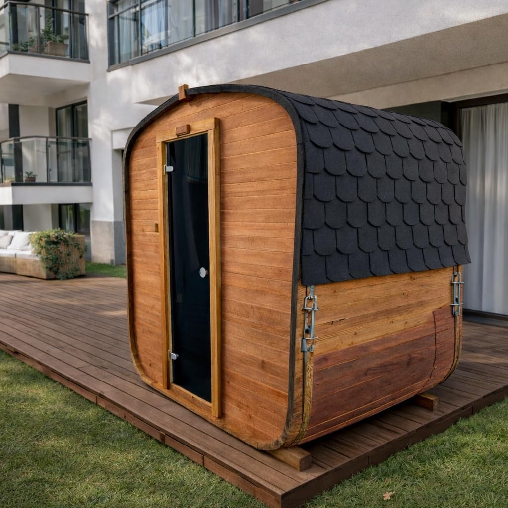 Gartensauna Quadro Fasssauna aus Holz für 2 Personen, Quadro | Mit LED-Beleuchtung Außensauna für Garten & Terrasse
