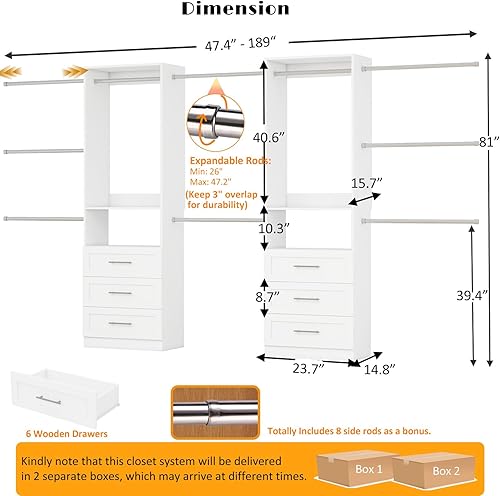 Vista 2 de Sistema de armario con 2 juegos, sistema organizador de armario de 4 pies a 15 pies con 6 cajones de madera, sistema de almacenamiento de armario 4