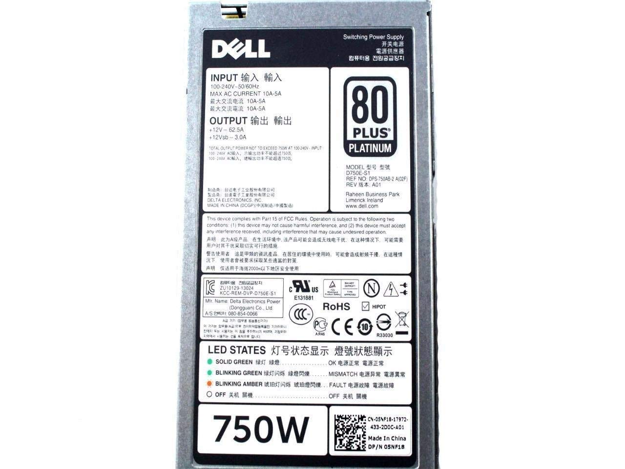 Dell 5NF18 750 WATT REDUNDANT Power Supply for POWEREDGE R820 R720 R720