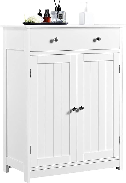 Yaheetech Bathroom Floor Cabinet Unit 80x60cm with 1 Drawer Cupboard Adjustable Shelves, Metal Handles Modern Style, White
