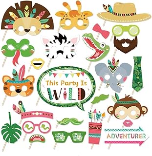 Kristin Paradise 25Pcs Safari Animals Photo Booth Props with Stick, Tribal Jungle Theme Selfie Props, Wild Birthday Party Supplies, Photography Backdrop Decorations