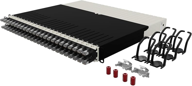 Patchbox ONE 8 RU Cat.6a - 24-Port Patch Panel with Retractable Cable Management System for 19 Racks, Includes Flat 10GB Network Cables for Easy Network and Server Rack Setup STP, Black, 0.8m / 8RU