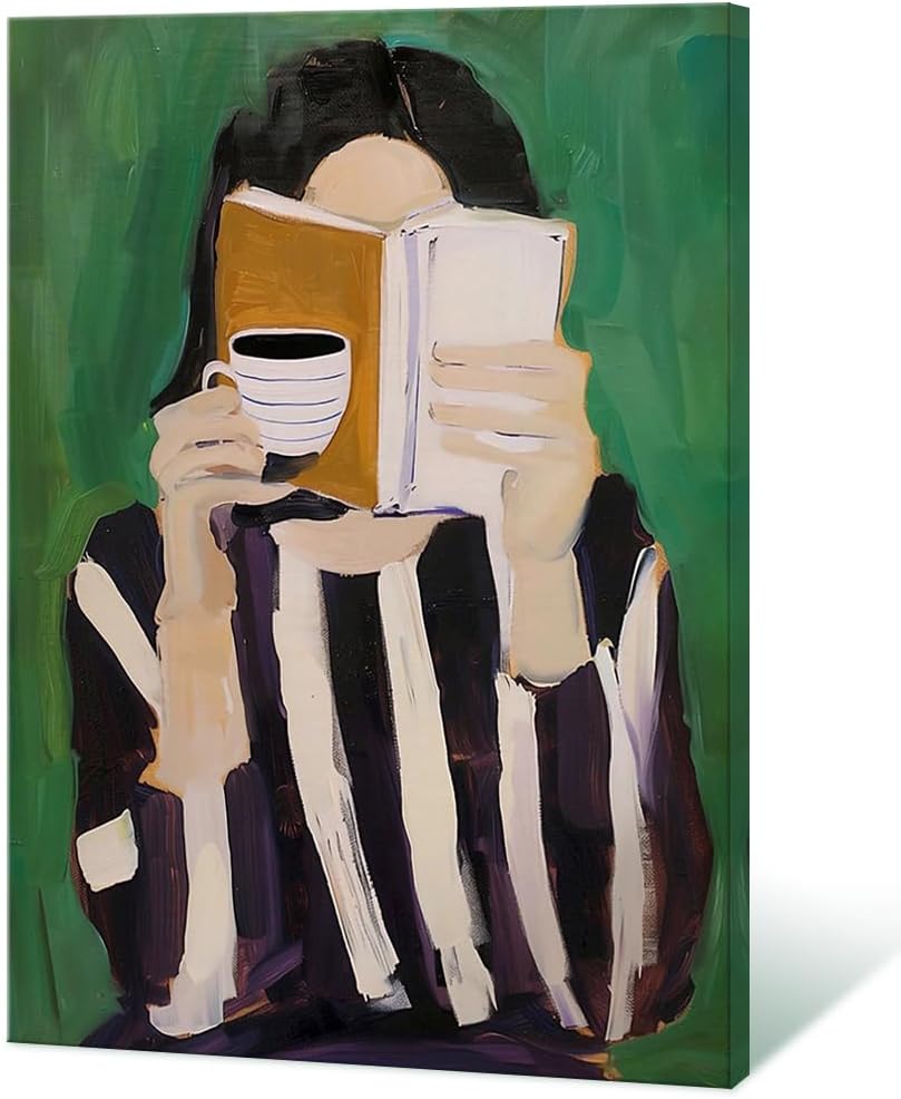 Trendy Women Reading Book Posters Emerald Green Wall Art Abstract Coffee Decor Modern Feminine Canvas Minimalist Woman Portrait Pictures Print Aesthetic for Living Room Bedroom House 16x24in Framed