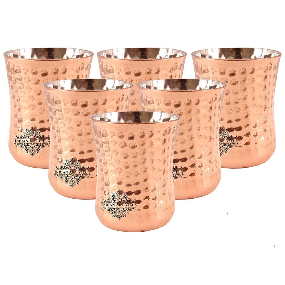 Indian Art Villa Steel Copper Royal Tumbler Hammered Design Glass Drinkware Serveware Volume- 9 Oz Set of 6