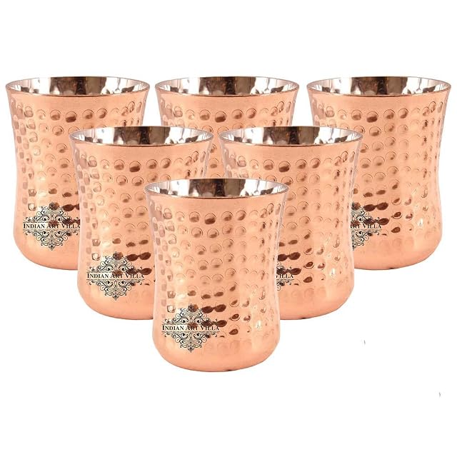 Indian Art Villa Steel Copper Royal Tumbler Hammered Design Glass Drinkware Serveware Volume- 9 Oz Set of 6