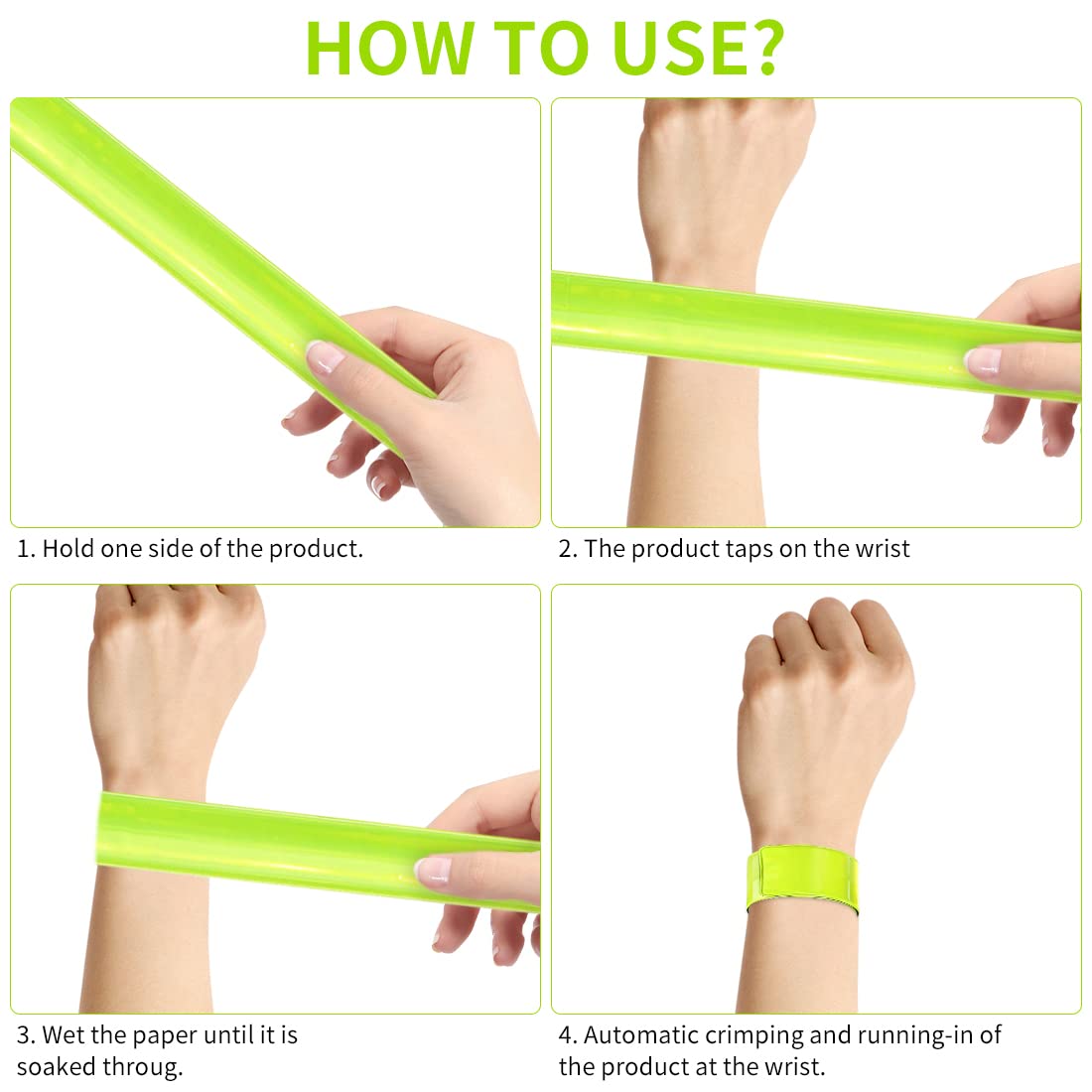 16 Brassards Réfléchissants – Slap Bands Verts, PVC Acier, Visibilité 300m, Pour Bras/jambes, Enfants, Adultes, Sport