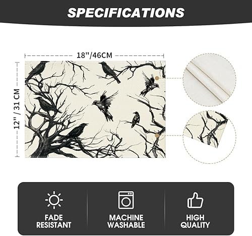 Miniatura 6 de Artoid Mode Tree Branches Crows - Juego de 6 manteles individuales de Halloween de 12 x 18 pulgadas para decoración de fiestas, cocina, comedor