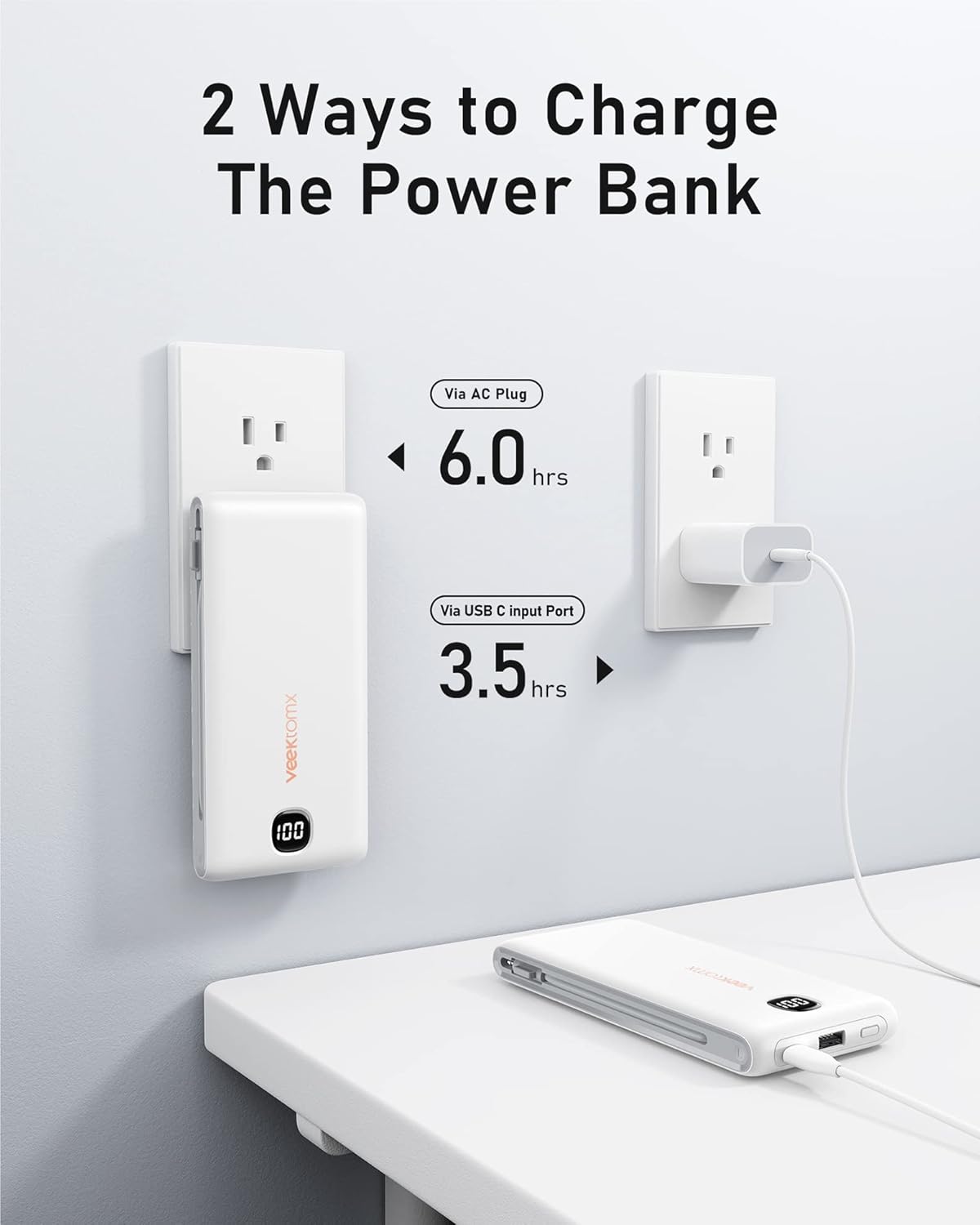 VEEKTOMX Portable Charger with Built in Cables 10000mAh, Power Bank for iPhone with Wall Plug, Travel Essential Fast Charging USB C Slim External Battery Pack for iPhone16/15/14, Samsung, iPad, etc - Image 4