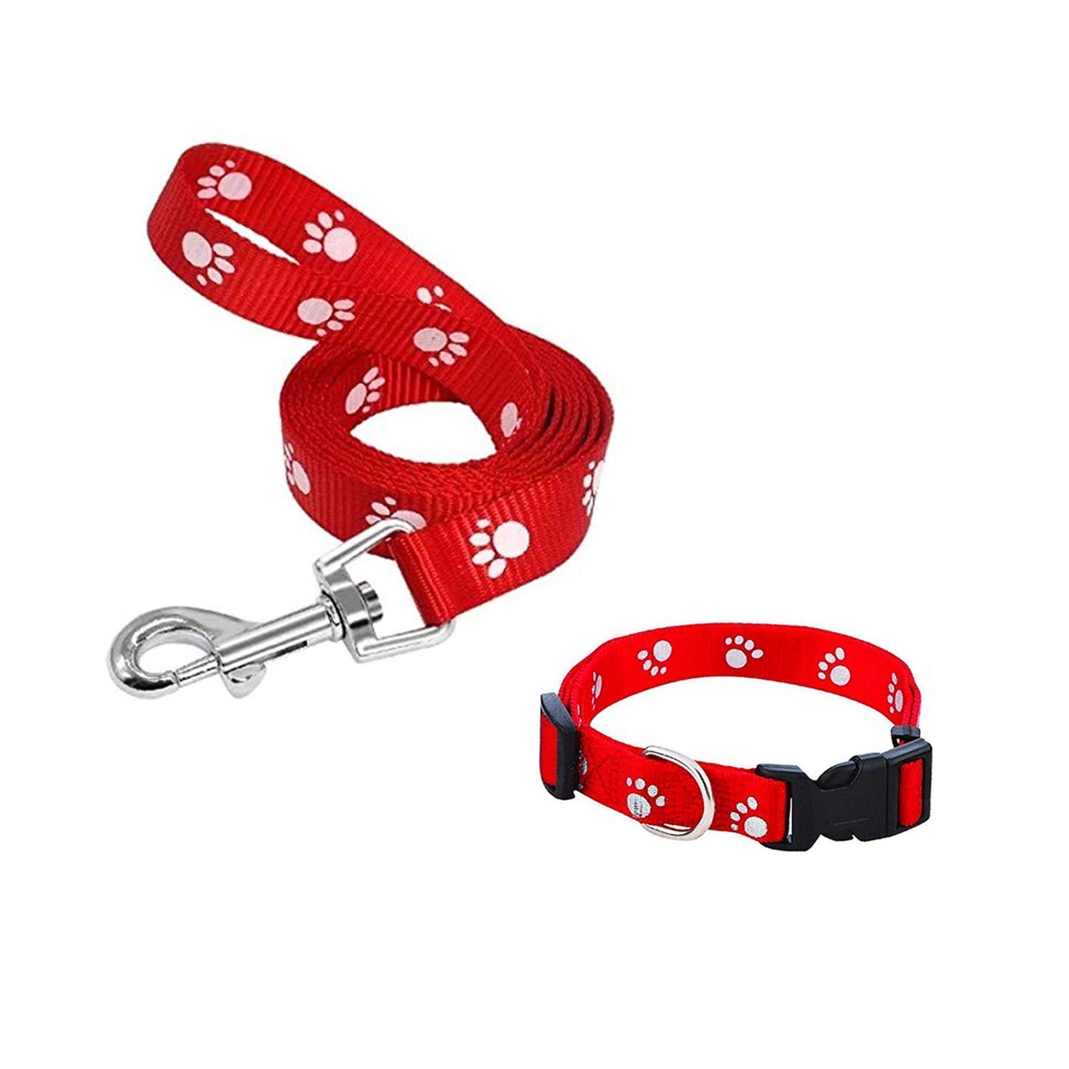 Dog Trust Nylon Cute Paw Print Pet Dog Collar and Leash Set, Outdoor Walking Lead Small Puppy & Cat 10MM Collar Set for Puppies and Cats (Red Color)