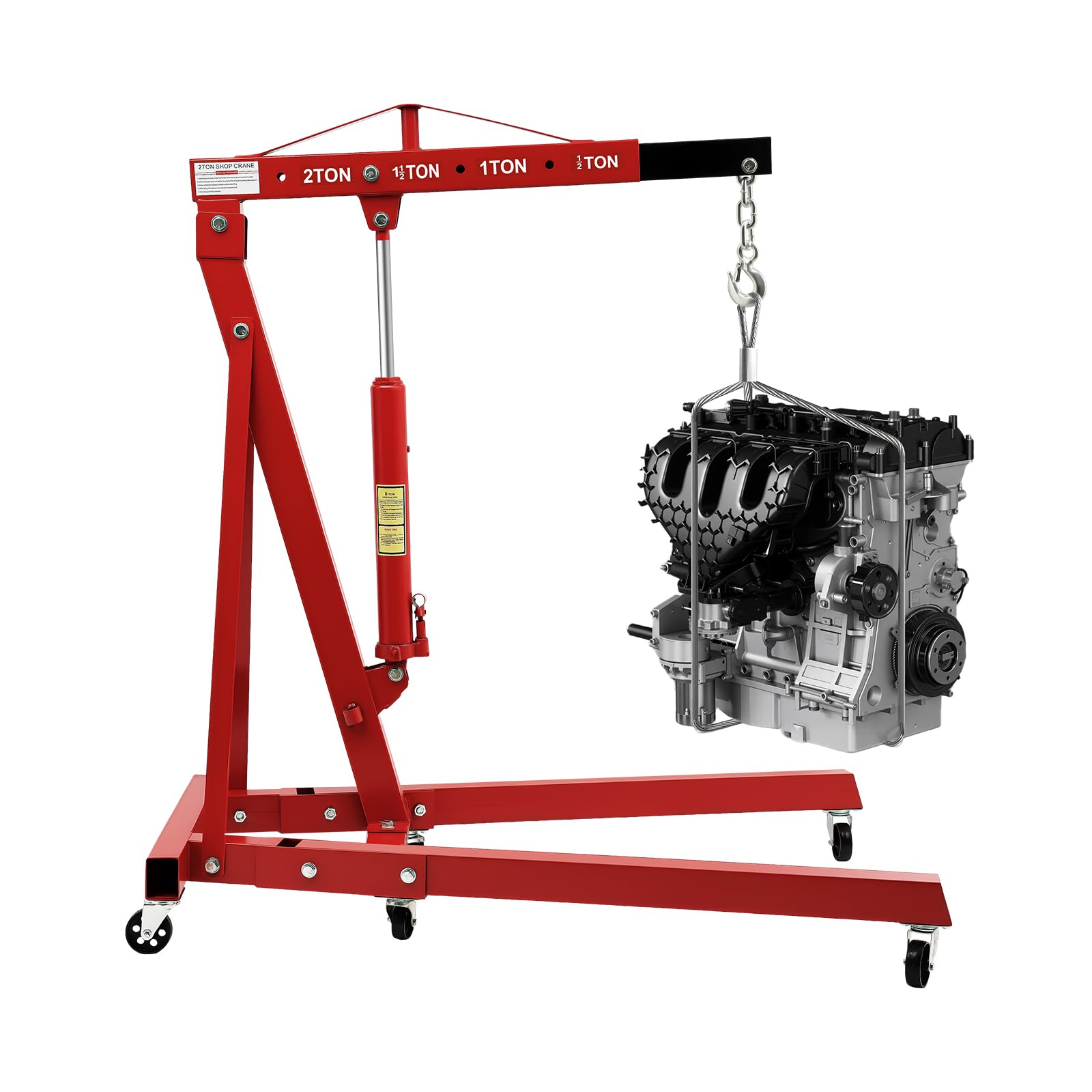 Grúa plegable de 4 niveles con motor, grúa de acero al carbono, 6 rodillos de hierro, grúa hidráulica ajustable, elevador de motor plegable para reparación de automóviles, talleres, garajes (rojo)