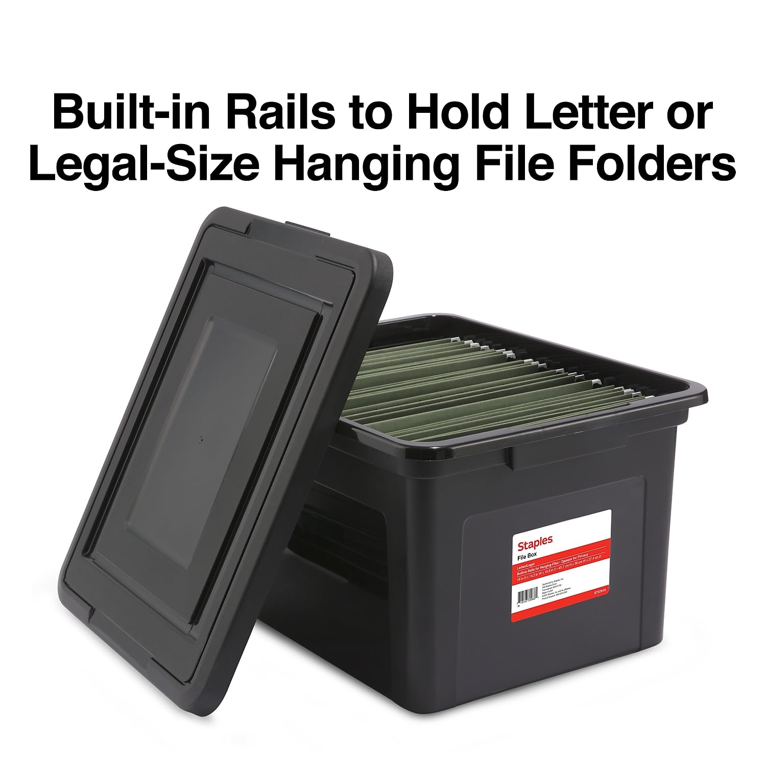 STAPLES Hanging File Folder Box, Storage Bin Organizer, Snap Lid, Letter & Legal Size Documents, Black