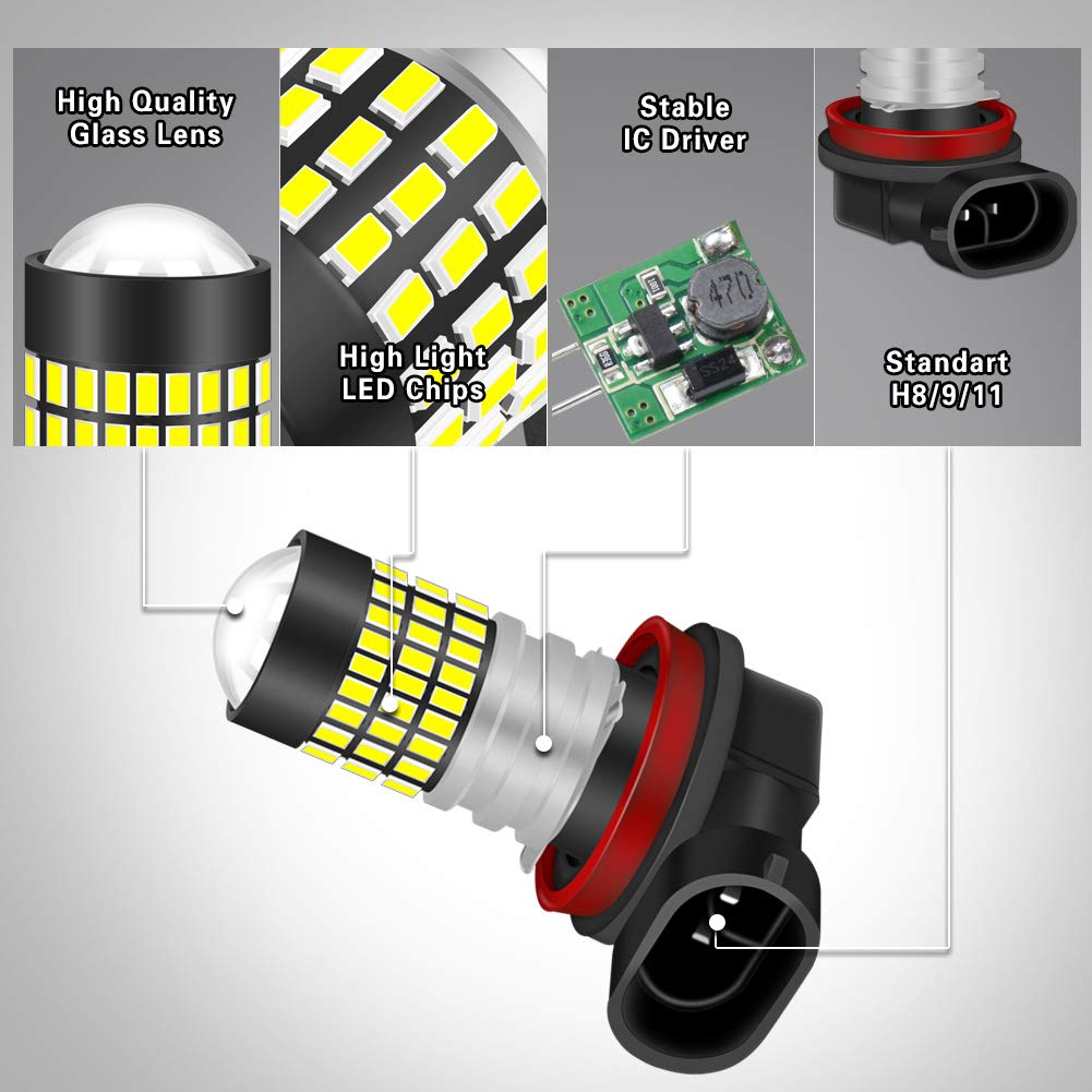 Lampadine H11 H8 H9 LED Xenon White 1800LM 3014SMD Chipset 78-EX con obiettivo Proiettore per luce di marcia diurna Luce per guida automobilistica, 6500K, 12-24V (2-Pack)