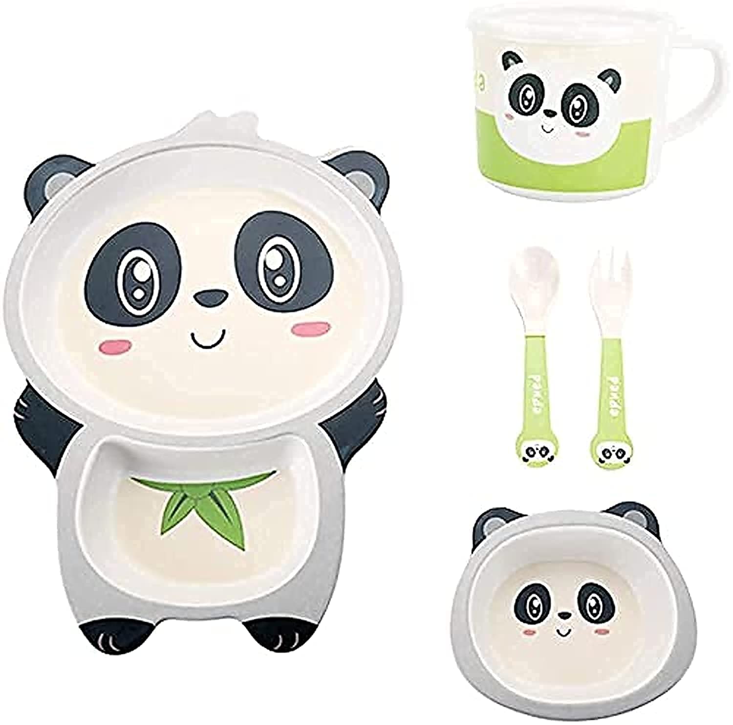 5Pcs/Set Kids Dinnerware Set - Children Dishes - Food Plate Bowl Cup Spoon Fork Set Natural Bamboo Fiber Dishware, BPA Free Dishwasher Safe (Panda)