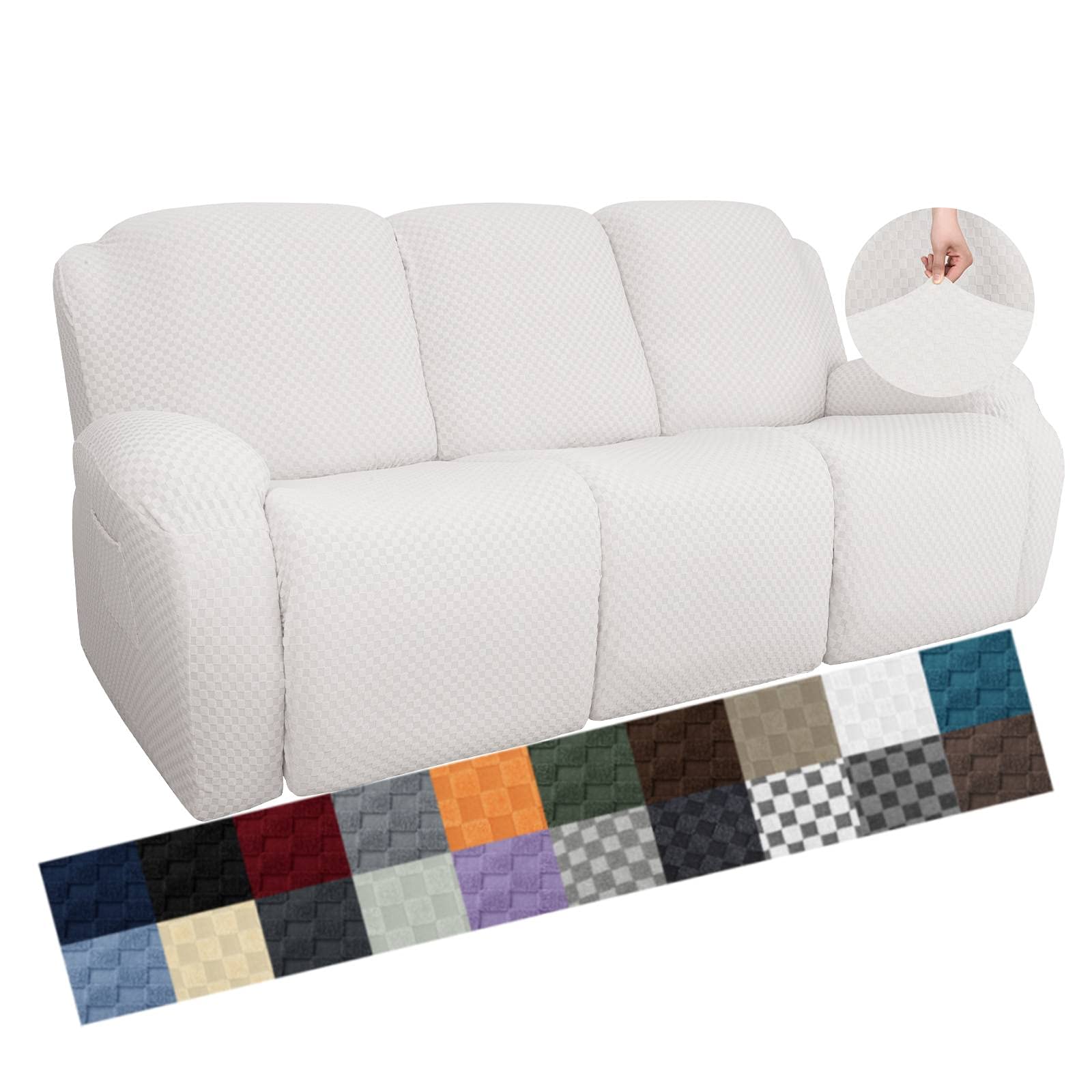 YEMYHOM 8 Pieces Stretch Recliner Sofa Cover Latest Jacquard Reclining Couch Cover with Side Pocket Anti-Slip Fitted 3 Cushion Furniture Slipcovers with Elastic Bottom (Sofa Recliner, White)