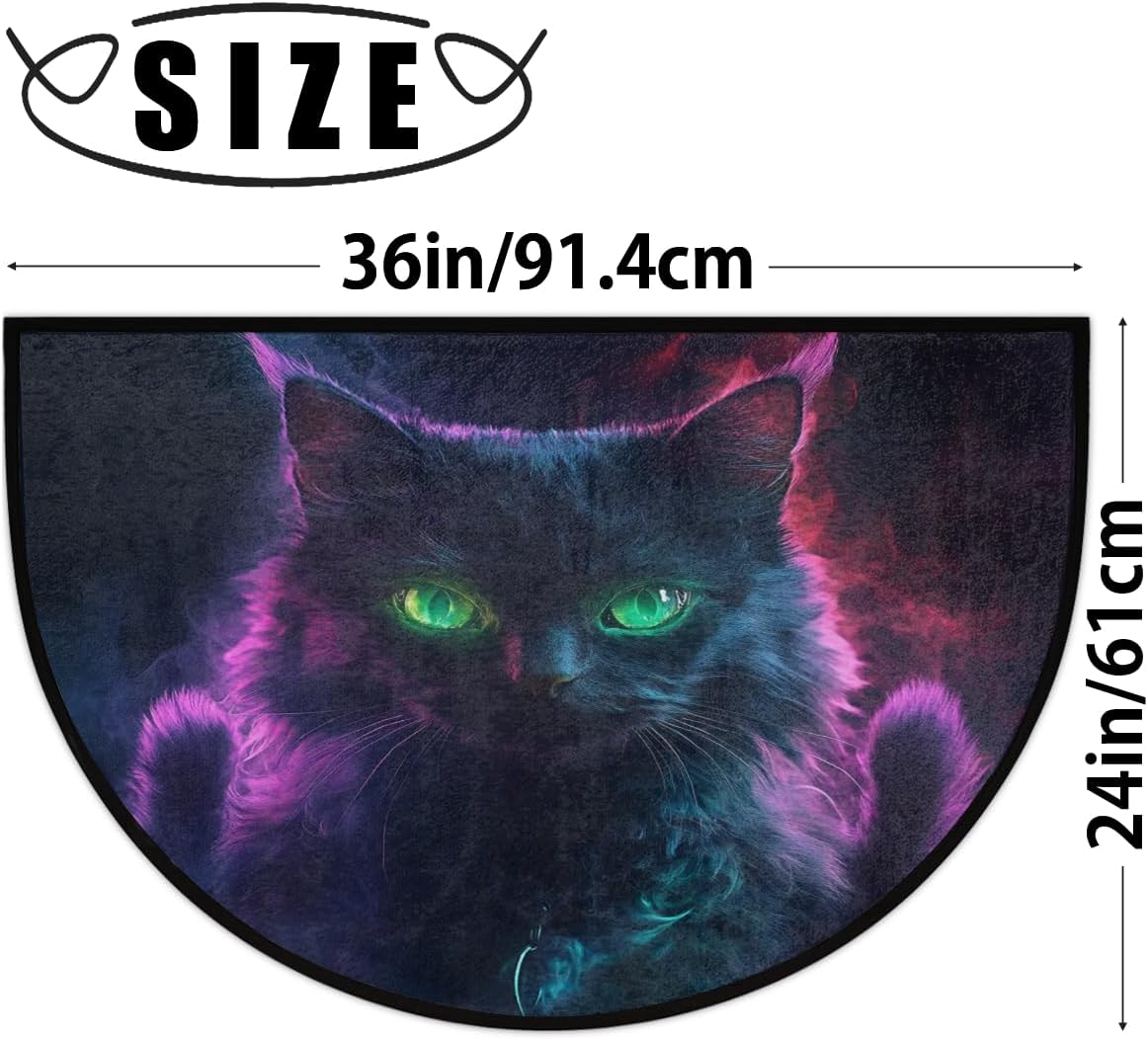 Half Round Doormat Non-Slip Washable Cool Black Animal Cat Semi Circle Rug Soft Absorbent Half Moon Mat for Indoor Outdoor Entrance Kitchen Bathroom Sink Patio Welcome Fireplace Floor Rug