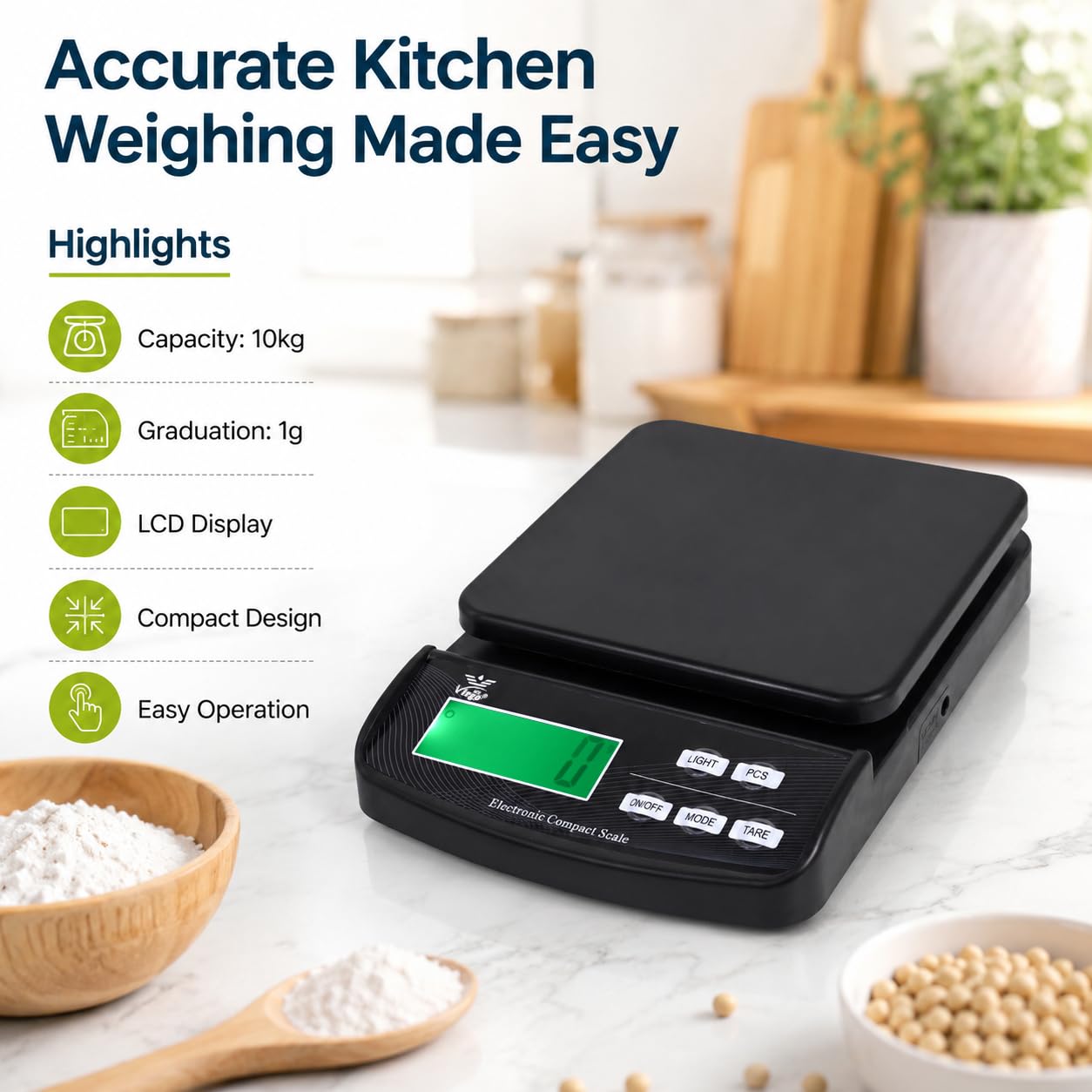 Digital Kitchen Scale - 5kg Capacity, White -7