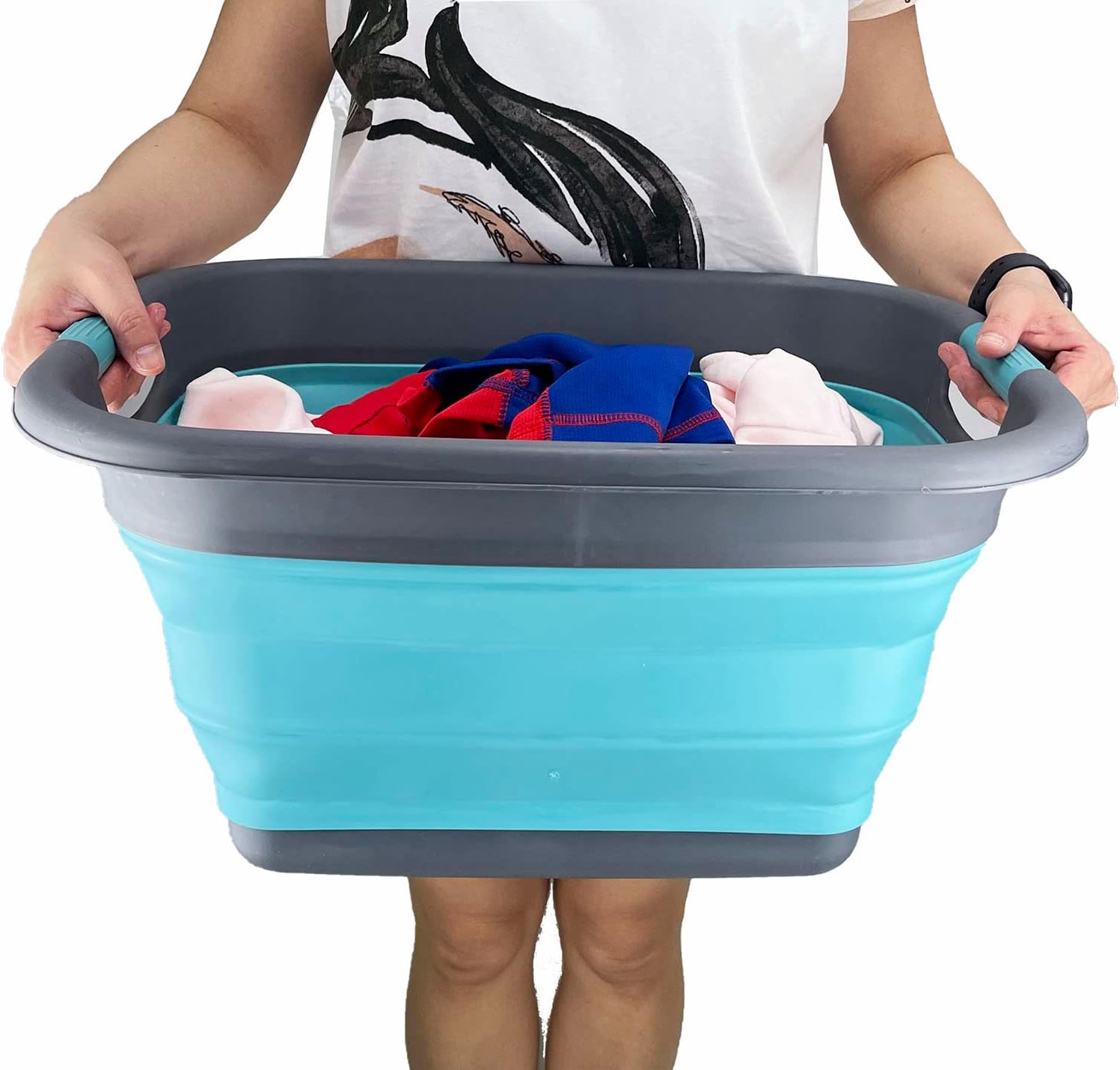 SAMMART 25L (6.6 Gallon) Collapsible Laundry Basket/Tub - Foldable Storage Container/Organizer, Water Capacity: 20L (Grey/Crystal Blue)