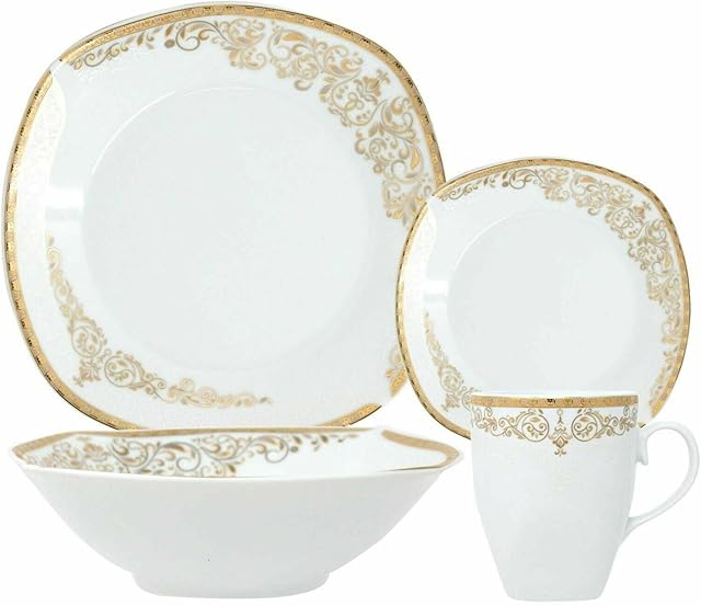 Royal 16PC Square Dinner Set Porcelain Dining Soup Plate Bowl Mug DINNERWARE Printed (Donya - Gold)